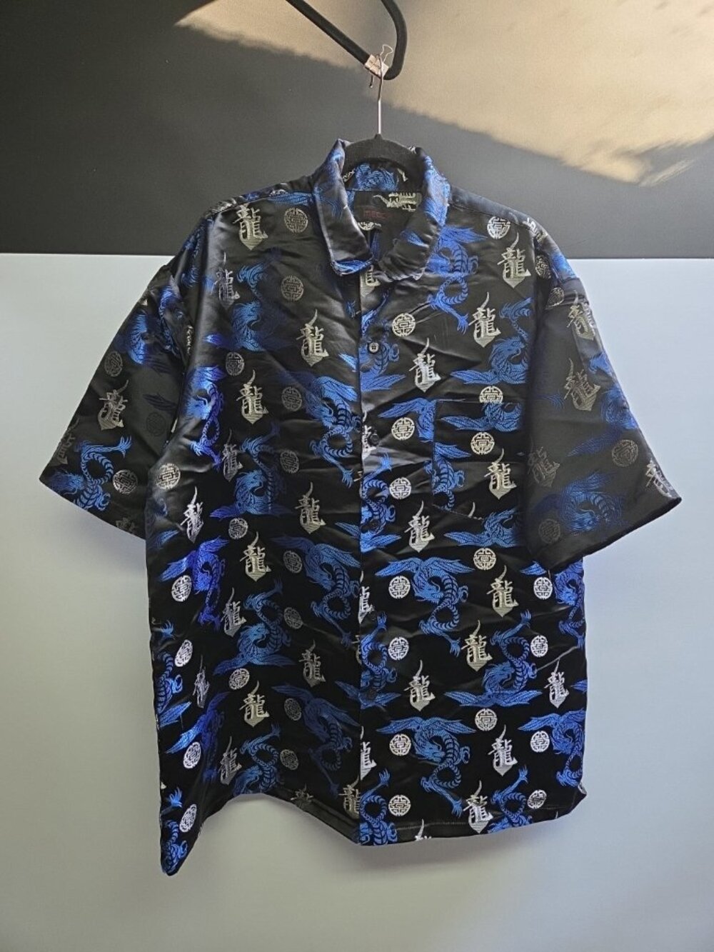 Mecca Y2K 2000s Blue Dragon Button Down Short Sleeve Shirt  2XL XXL Club Swag
